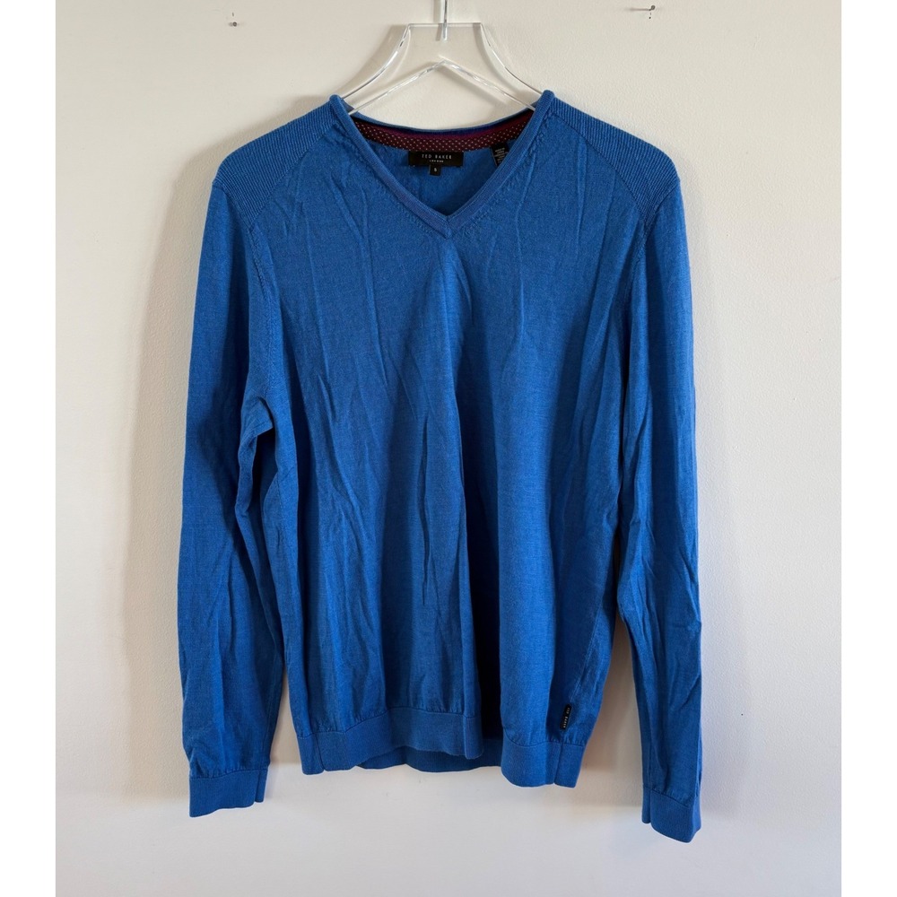 Ted Baker London Mens V-Neck Merino Wool Sweater Blue Size 5 XL Knit Pullover